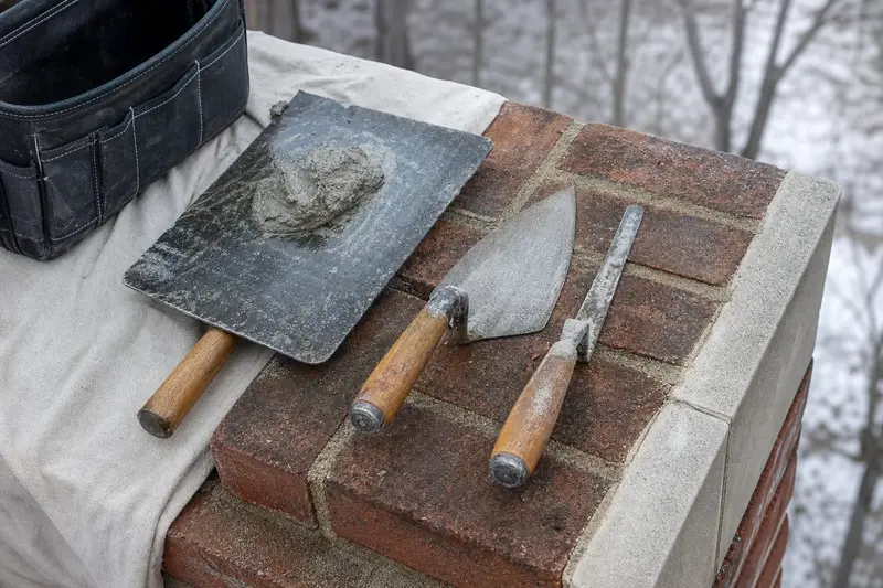 A mortar hawk, pointing trowel and jointer resting on sound brick at a chimney shoulder; illustrative image