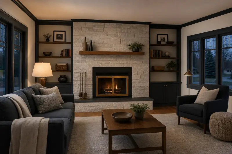 A remodeled hearth wall with a factory-built wood-burning fireplace with a stone facing, a slim wood mantel and built-in shelves; illustrative image