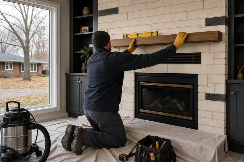 An installer leveling a new wood mantel above a direct-vent gas fireplace; illustrative image