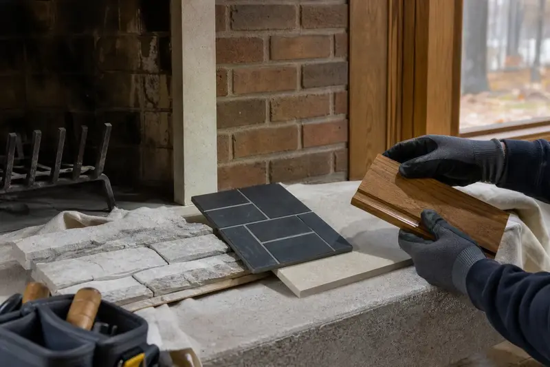 Samples of stone, tile and a mantel wood finish laid out on a hearth; illustrative image