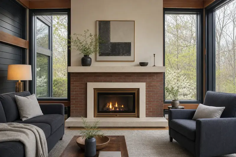 A living room with a direct-vent gas fireplace glowing warmly behind glass, no one present; illustrative image