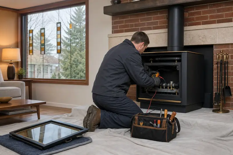 A technician testing the igniter of a freestanding gas stove with the glass front set aside; illustrative image