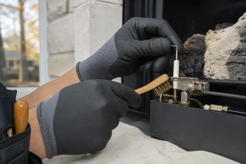 Gloved hands cleaning the spark igniter beside a pilot assembly; illustrative image