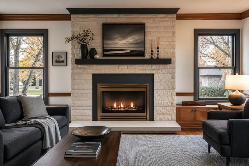 A warm living room with a direct-vent gas fireplace glowing softly behind its glass, no one present; illustrative image
