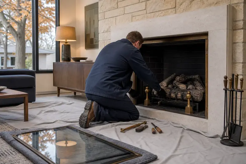 A technician checking the burner and log placement of a vented gas log set in a masonry firebox with the gas off and the glass set aside; illustrative image