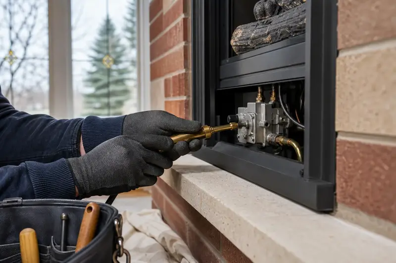 Gloved hands holding a manometer probe at the gas valve beneath a gas insert set in a brick opening; illustrative image