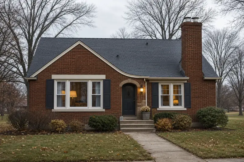 A 1950s brick bungalow with a two-flue brick chimney on a slate roof topped by a new stainless steel cap; illustrative image