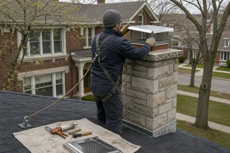 A harnessed technician setting a stainless steel mesh chimney cap onto a stone masonry chimney; illustrative image