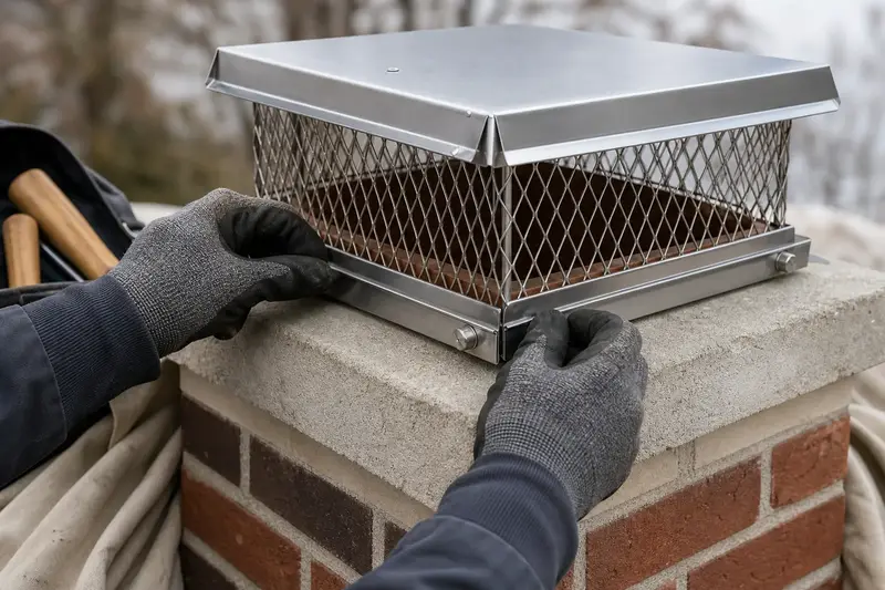 A stainless steel mesh cap seated on a flue above a concrete crown, seen up close; illustrative image