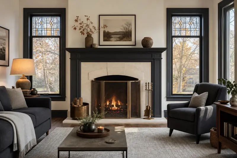 A living room with an open masonry wood-burning fireplace and a small fire behind a screen, no one present; illustrative image