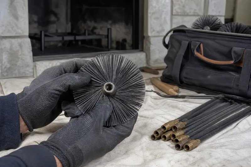A rotary brush head and flexible rods laid on a canvas drop cloth beside a factory-built wood-burning fireplace with a stone facing; illustrative image