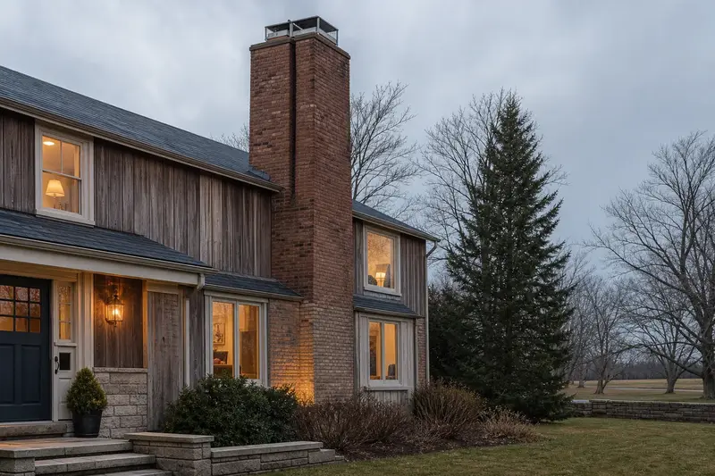 A 1960s cedar-sided contemporary house with a two-flue brick chimney on a slate roof and a stainless steel cap; illustrative image