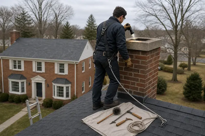 A harnessed technician examining the top of a red brick chimney with a concrete crown with a flashlight from a dry roof surface; illustrative image