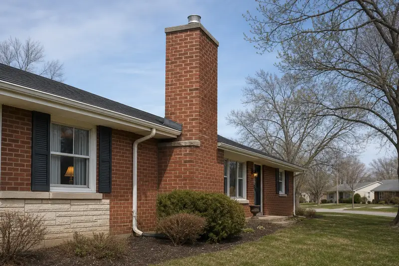 A 1960s brick-front ranch house with a red brick chimney with a concrete crown fitted with a stainless steel liner cap; illustrative image