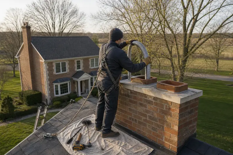 A harnessed technician guiding a flexible stainless steel liner down into the flue at the top of a two-flue brick chimney on a slate roof; illustrative image