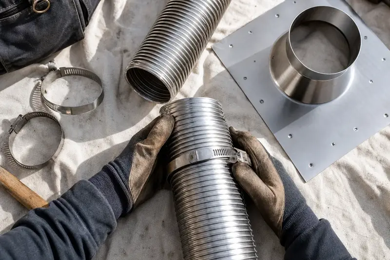 Sections of stainless steel flue liner, clamps and a top plate arranged on a canvas tarp; illustrative image