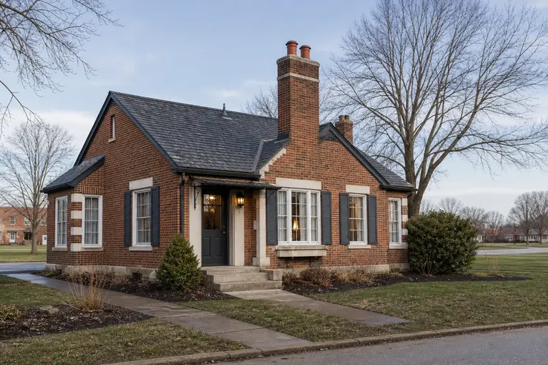 A 1950s brick bungalow with a two-flue brick chimney on a slate roof rising above the roof; illustrative image