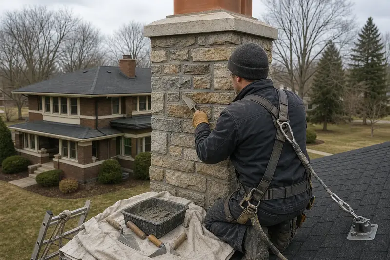 A harnessed mason repointing mortar joints on a stone masonry chimney with a pointing trowel; illustrative image