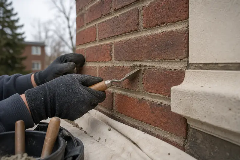 Gloved hands pressing fresh mortar into a raked joint with a tuckpointing trowel; illustrative image