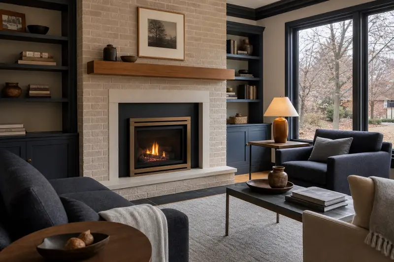 A remodeled hearth wall with a gas insert set in a brick opening, a slim wood mantel and built-in shelves; illustrative image