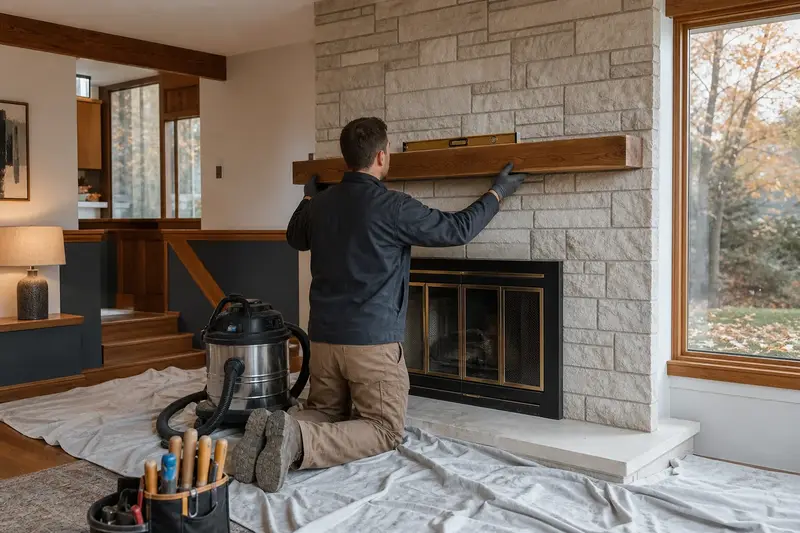 An installer leveling a new wood mantel above a factory-built wood-burning fireplace with a stone facing; illustrative image