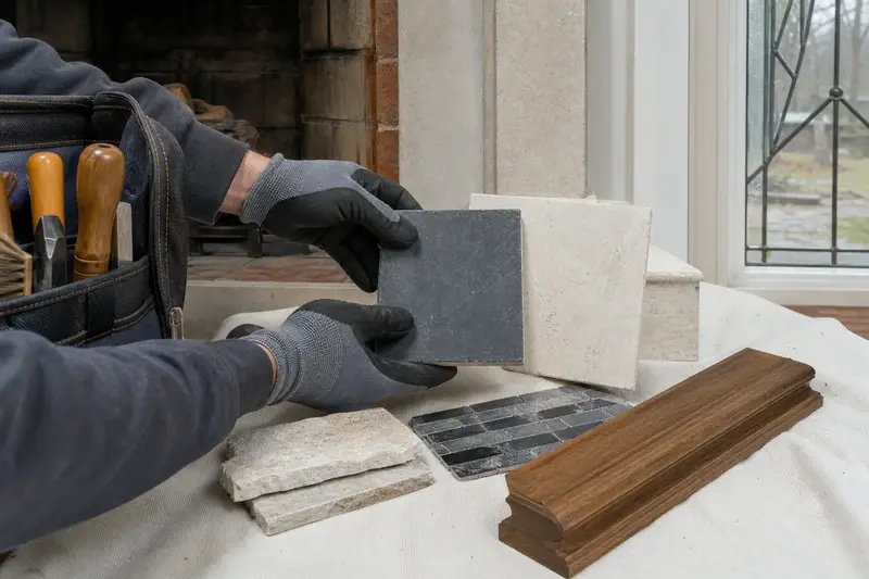 Samples of stone, tile and a mantel wood finish laid out on a hearth; illustrative image