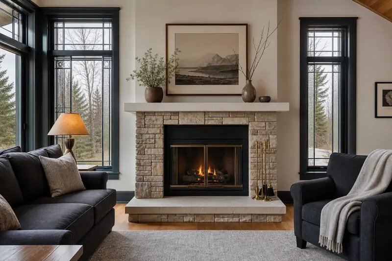 A restored hearth room with a factory-built wood-burning fireplace with a stone facing, a clean hearth and brass fireplace tools; illustrative image