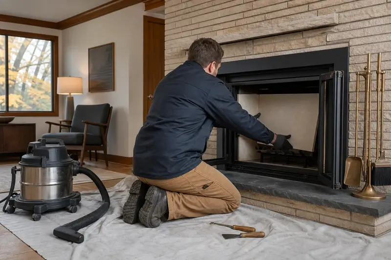 A technician fitting a refractory panel into the firebox of a wood-burning insert in a brick opening, the fireplace cold and unlit; illustrative image