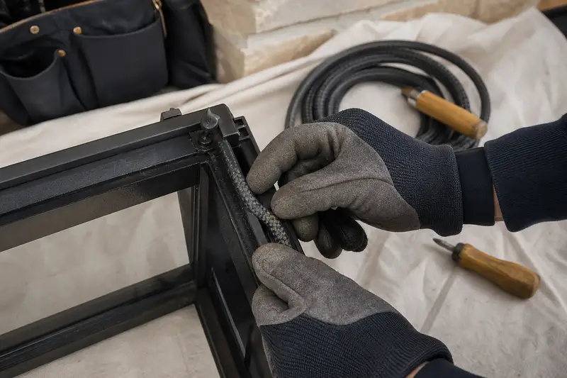 Gloved hands fitting new gasket rope along a fireplace door frame; illustrative image