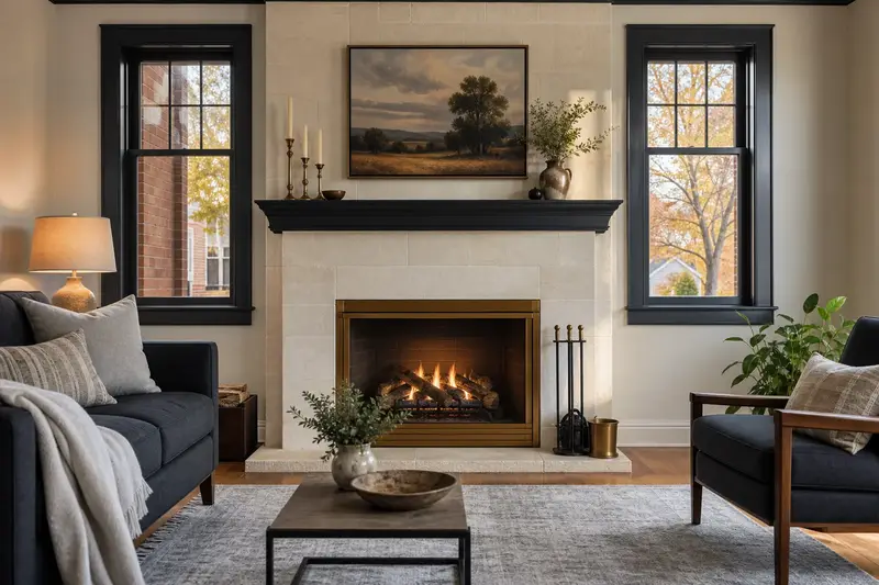 A warm living room with a vented gas log set in a masonry firebox glowing softly behind its glass, no one present; illustrative image