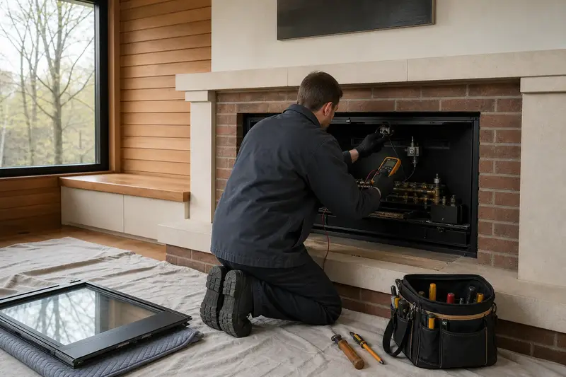 A technician kneeling at a direct-vent gas fireplace with the glass front removed, testing the controls with a multimeter; illustrative image
