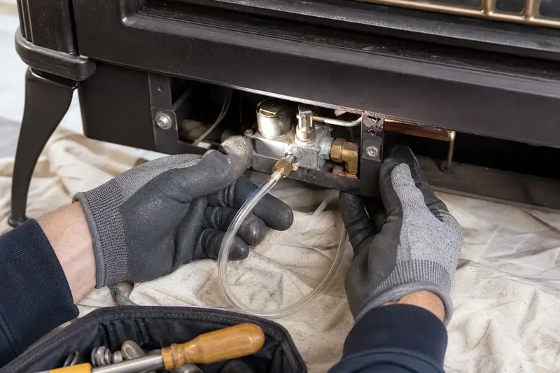 Gloved hands holding a manometer probe at the gas valve beneath a freestanding gas stove; illustrative image