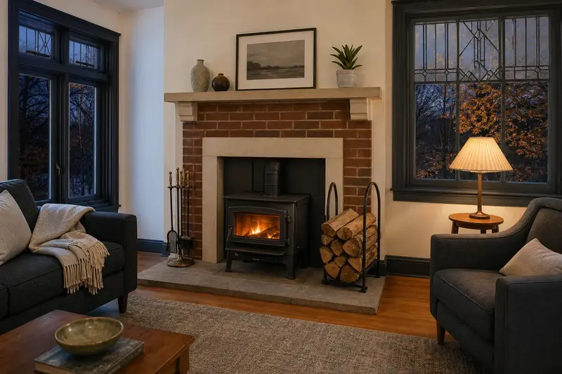 A hearth room with a cast-iron wood stove on a stone hearth pad, split firewood in a steel rack and a clear hearth; illustrative image