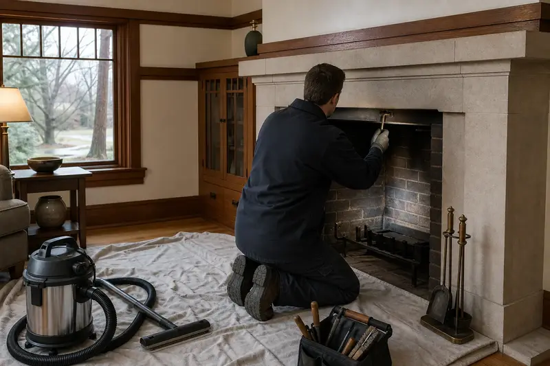 A technician adjusting the damper handle of an open masonry wood-burning fireplace by flashlight, the fireplace cold; illustrative image
