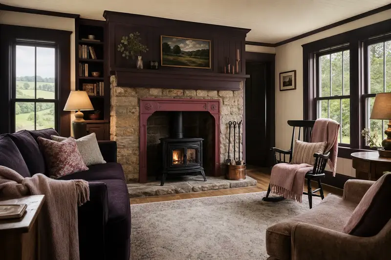 A lived-in family room with a cast-iron wood stove on a stone hearth pad, books on built-in shelves and a lamp lit, no one present; illustrative image