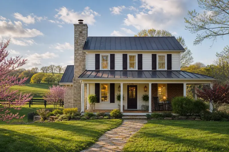 A 1980s farmhouse-style house with a metal porch roof with a limestone chimney with a concrete crown and a stainless steel cap; illustrative image