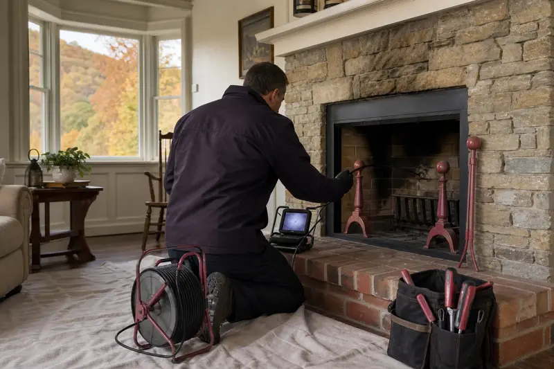 A technician guiding an inspection camera into the smoke chamber of a factory-built wood-burning fireplace with a stone facing, the fireplace cold and unlit; illustrative image