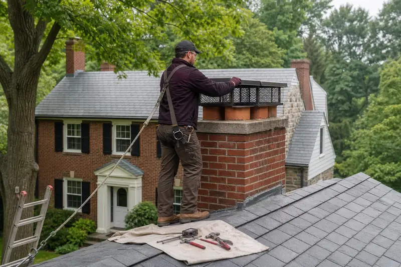 A harnessed technician fastening a multi-flue cap over the crown of a red brick chimney with a concrete crown on a slate roof; illustrative image