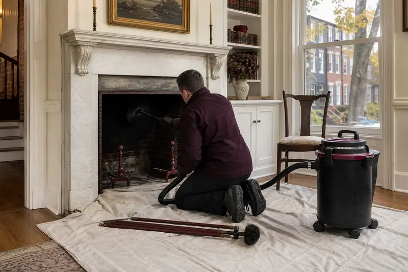A technician kneeling at an open masonry wood-burning fireplace with a sealed vacuum and drop cloths, the fireplace cold and unlit; illustrative image