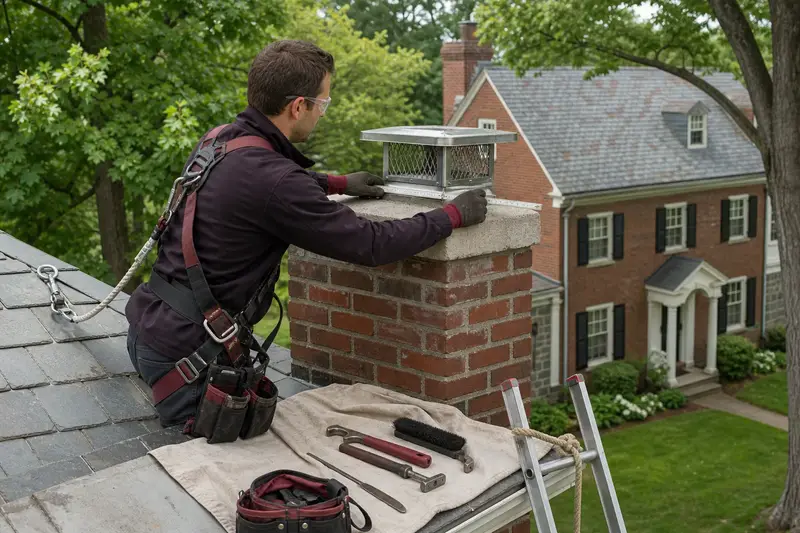 A harnessed mason measuring the crown of a brick chimney with a stainless steel cap with a folding rule; illustrative image