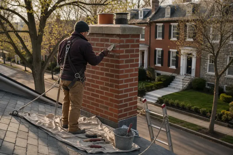 A harnessed mason repointing mortar joints on a red brick chimney with a concrete crown on a slate roof with a pointing trowel; illustrative image