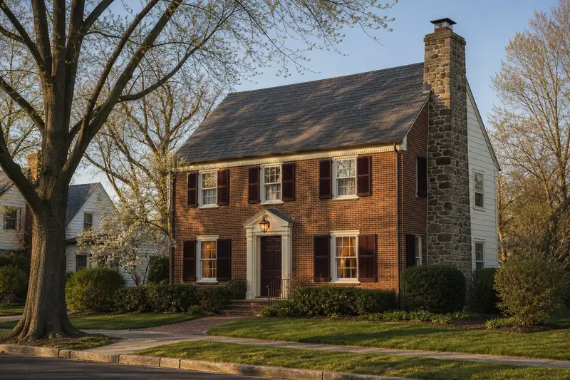 A 1940s brick colonial with shutters with a fieldstone chimney with a metal cap, lit windows and a swept front walk; illustrative image