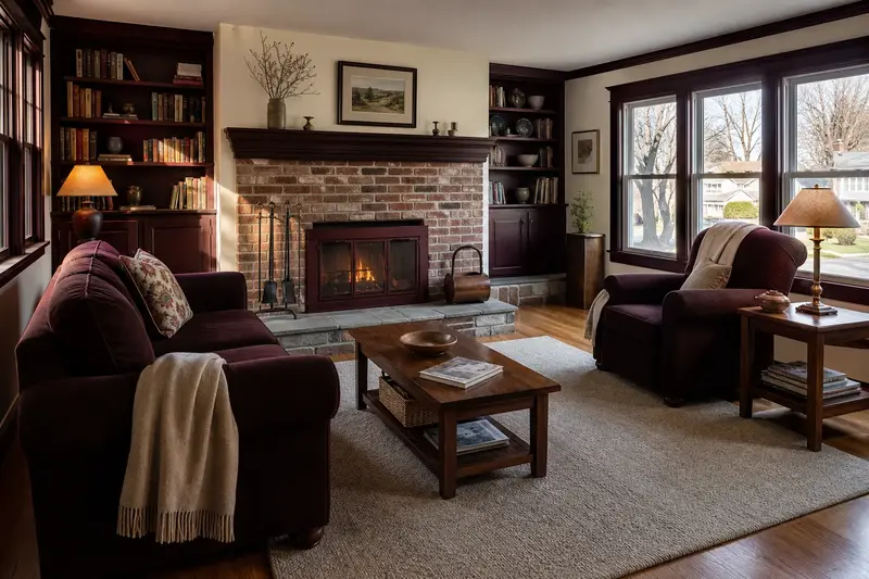 A lived-in family room with an open masonry wood-burning fireplace, books on built-in shelves and a lamp lit, no one present; illustrative image