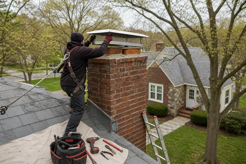 A harnessed technician setting a stainless steel mesh chimney cap onto a two-flue brick chimney on a steep gable roof; illustrative image