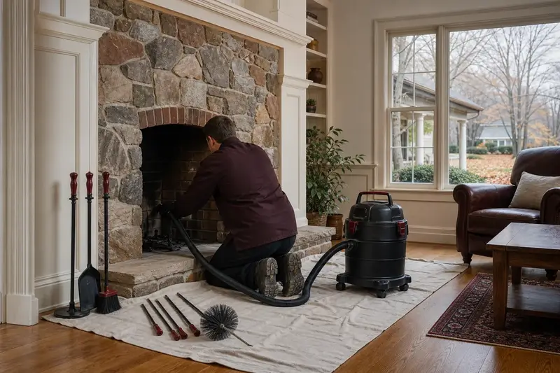 A technician kneeling at an open masonry wood-burning fireplace with a sealed vacuum and drop cloths, the fireplace cold and unlit; illustrative image