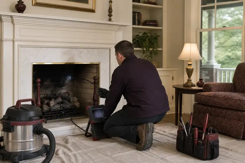 A technician guiding an inspection camera into the firebox of a vented gas log set in a masonry firebox, the fireplace cold and unlit; illustrative image