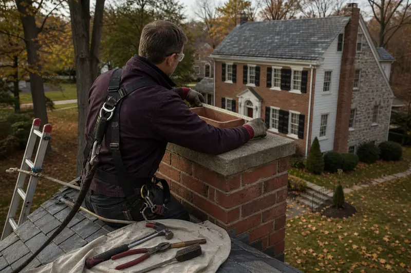 A harnessed mason measuring the crown of a red brick chimney with a concrete crown on a slate roof with a folding rule; illustrative image