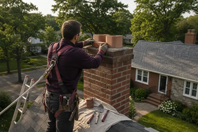 A harnessed mason setting a replacement brick near the top of a two-flue brick chimney on a steep gable roof; illustrative image