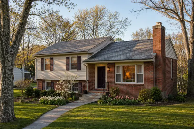 A 1990s split-level house with brick and siding with a red brick chimney with a concrete crown on a slate roof, lit windows and a swept front walk; illustrative image