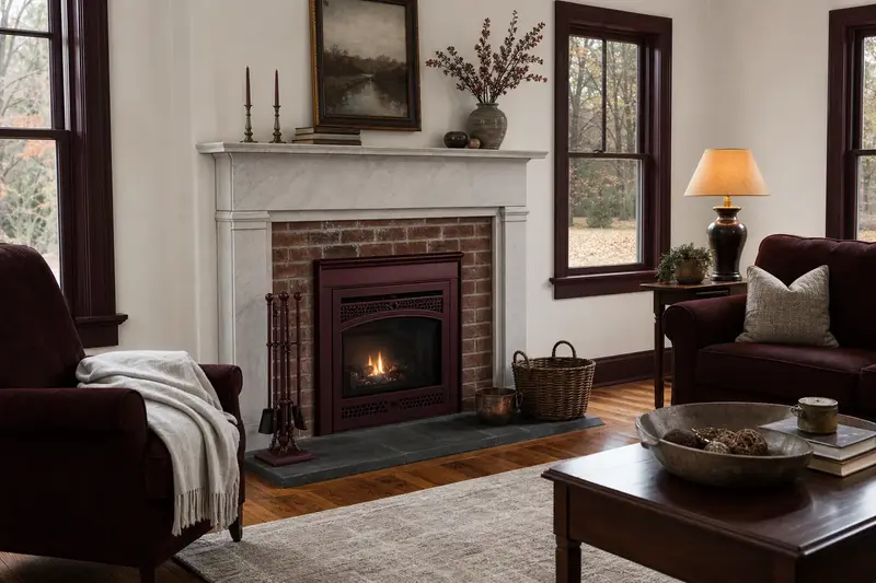 A quiet hearth room with a gas insert set in a brick opening and a garden view through the windows; illustrative image